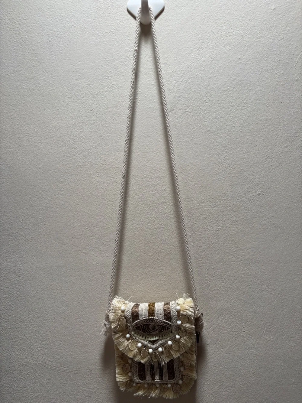 Antik Kraft Boho Fringe Crossbody Bag in Cream and Brown - Picture 1 of 9